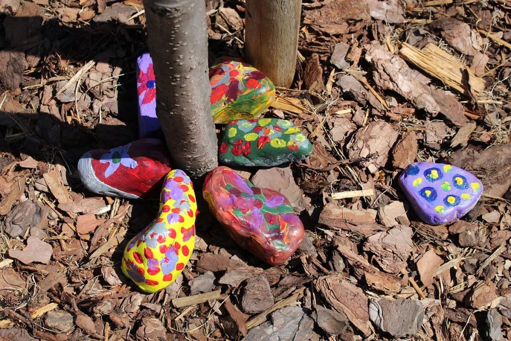 Kolorowe kamienie ułożone na korze